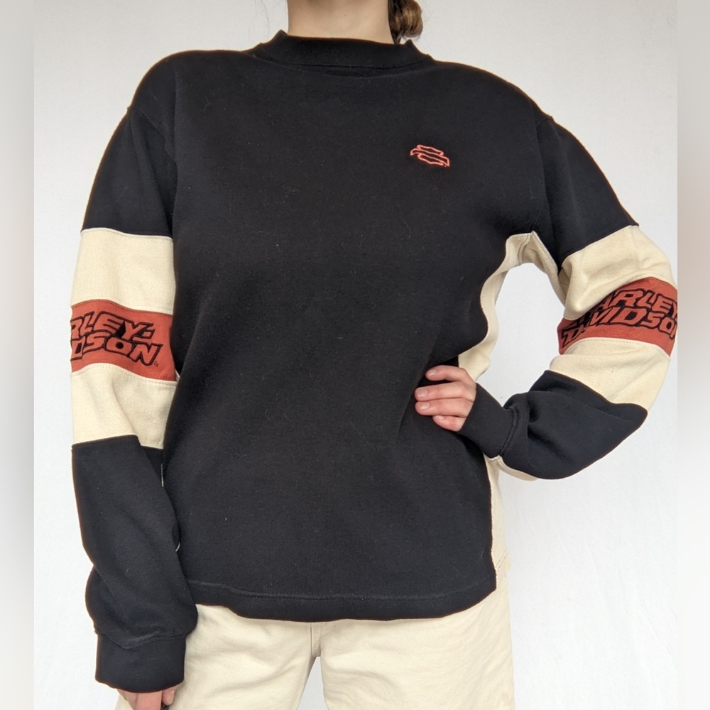 Y2K Harley Davidson Color Blocked Long Sleeve Knit Shirt Slouchy 90s Logo